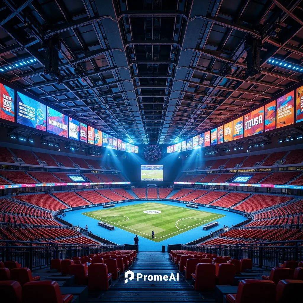 Vibrant stadium interior, dynamic color palette, bold typography, neon lights, energetic atmosphere, sports-themed decorations, stadium seating, athletic tracks, motivational quotes, modern architectu