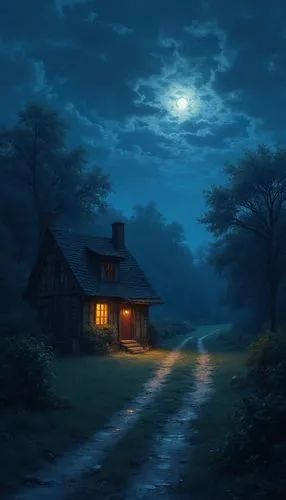 lonely house,moonlit night,night scene,home landscape,cottage,fantasy picture,Photography,General,Realistic