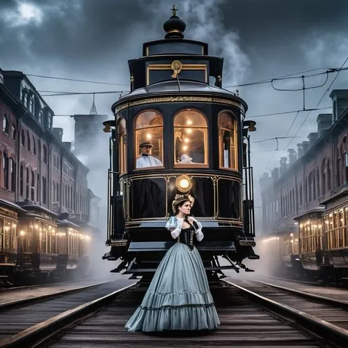 victoriana,carriage,ghost locomotive,girl in a historic way,streetcar,the girl at the station,Photography,General,Realistic