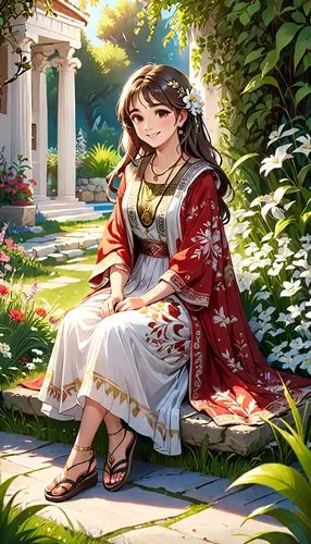 romani,radha,scheherazade,diaochan,girl picking flowers,aerith,parvati,valentia,sultana,hanbok,longmei,kiran,country dress,apolloni,nefertari,saniora,kururi,girl in the garden,sari,bridelia,Anime,Anime,General