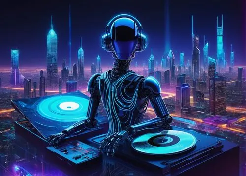 cyberpunk,dj,electronic music,electro,electronic,metropolis,synthesizer,dr. manhattan,extraterrestrial,old elektrolok,disc jockey,cyber,midi,elektroboot,cybernetics,robotic,extraterrestrial life,random access memory,techno,disk jockey,Illustration,Japanese style,Japanese Style 05