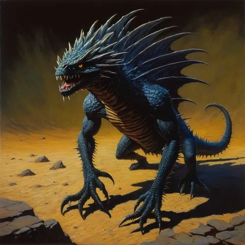 a monster, with one head
scaled
has four legs
long teeth
Spines,a very detailed blue colored monster with big horns and claws,anguirus,draconis,black dragon,skarbalius,drakon,glaurung,Illustration,Rea