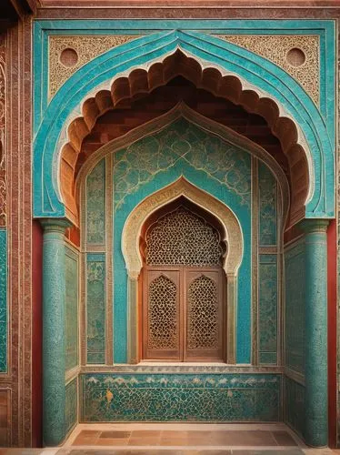 Mughal Empire, Indian-inspired, intricate marble inlays, ornate arches, grand domes, Islamic calligraphy, delicate frescoes, vibrant turquoise, red sandstone, golden accents, ornamental jali screens, 