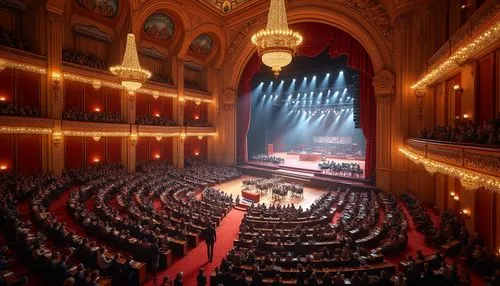 Grand concert hall, luxurious chandeliers, marble floors, velvet curtains, golden balconies, ornate details, spotlights, dimmed atmosphere, evening event, formal attire, diverse musical instruments, g