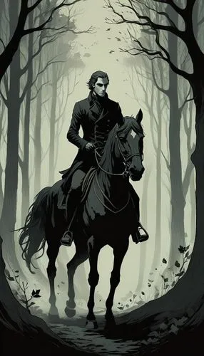 Create a dark and mysterious man  in the mist. Riding a horse. In a creepy forest. ,highwayman,cadfael,horseman,game illustration,vector illustration,bronze horseman,arthurian,peredur,man and horses,d