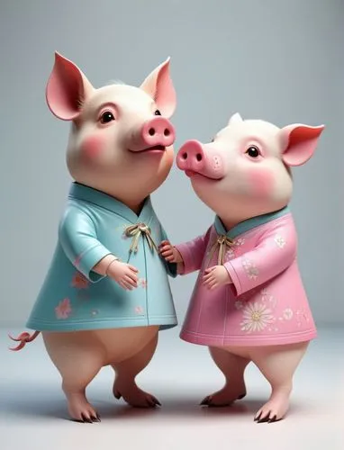 left man face off cow. right woman face off pig. wear hanbok .,two plastic pigs dressed as people touching,little pigs,porkers,pareja,piggies,clangers,pua,Conceptual Art,Fantasy,Fantasy 16