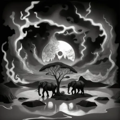 molten forest by dali and escher in quicksilver and ferrofuid splashes, Minimalism in a Negative Artistic Space,a painting of two elephants and some trees,pleistocene,halloween background,badland,apoc