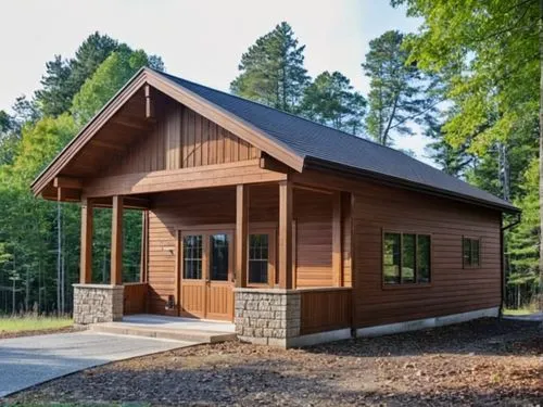 A cozy wooden cabin with a simple, rustic design, featuring light-colored timber walls and a dark gray, tiled gable roof. The structure has an extended roof overhang that forms a covered porch area, s