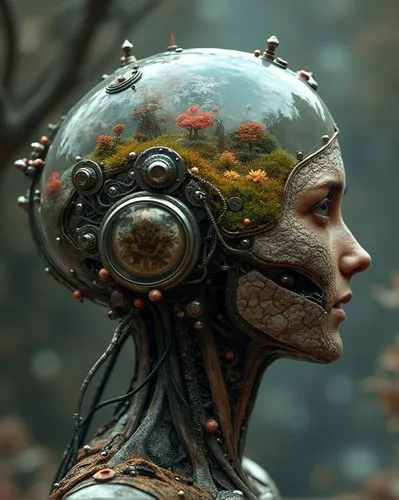 3D render of a sci-fi baroque concept design of anatomically correct brain device with terrarium, steampunk, intricate details, scientific, hyper detailed, photorealistic,a woman's head with flowers i