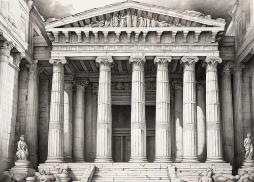 colonnaded,capitolium,pantheon,greek temple,zappeion,glyptothek,us supreme court,treasury,marble palace,saint george's hall,doric columns,celsus library,columns,supreme court,baalbek,palladian,the parthenon,temple of diana,erechtheion,cenotaphs,Illustration,Black and White,Black and White 35