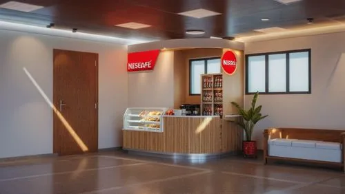 A small nescafe stall used for delivering food and snacks to clients. Nescafe name should be clear. The stall should be filled with food items and snacks.,keybank,itron,velux,akbank,fujitsu,cimb,westp