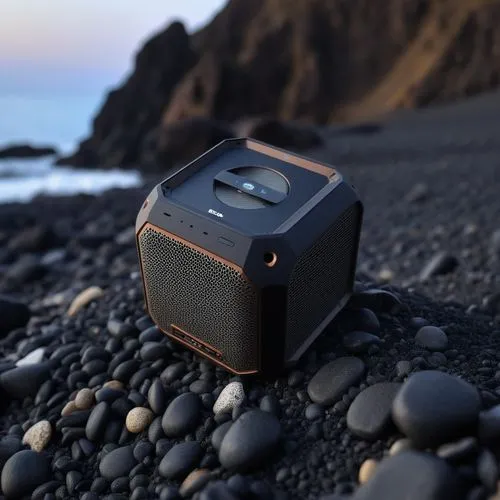 A SPEAKER  UNDER THE DARK BLACK SAND ROCKS WITH UNIVERSE BACKGROUND,an old fashioned radio set on a rocky beach,beautiful speaker,sundown audio,bejbl,gamecube,portable radio,3d render,Photography,Gene