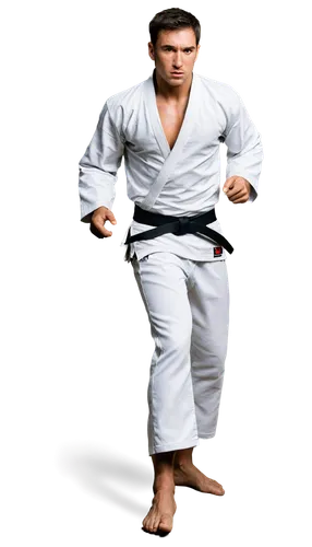 Muscular man, karate athlete, serious facial expression, sweaty skin, black belt, white gi, torn sleeves, dynamic pose, kicking action, strong legs, intense gaze, dramatic lighting, 3/4 composition, s