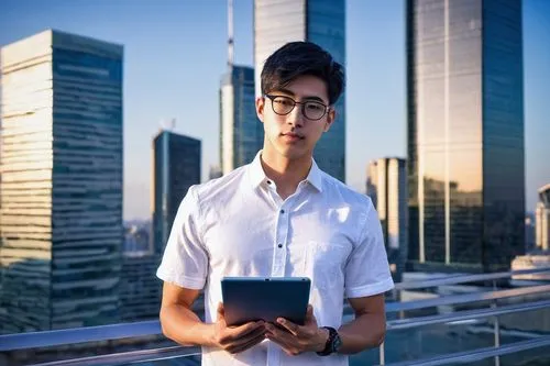 Young male architect, bachelor of design, 25yo, handsome face, glasses, short black hair, casual wear, white shirt, dark blue jeans, Adidas sneakers, holding a tablet, standing in front of a skyscrape