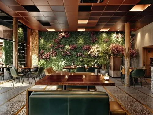 A photo of the interior of a cafe with a black ceiling, dark brown code tables and dark leather sofas, light tiles on the floor, with tread rugs in places,lobby,dining room,hotel lobby,breakfast room,