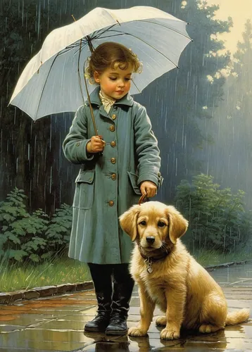 boy and dog,little girl with umbrella,girl with dog,walking in the rain,raincoat,rain cats and dogs,rainy day,vintage boy and girl,little boy and girl,irish terrier,cavapoo,brolly,raining,protection from rain,girl and boy outdoor,golden retriever,in the rain,raindops,rain protection,rain,Illustration,Retro,Retro 01