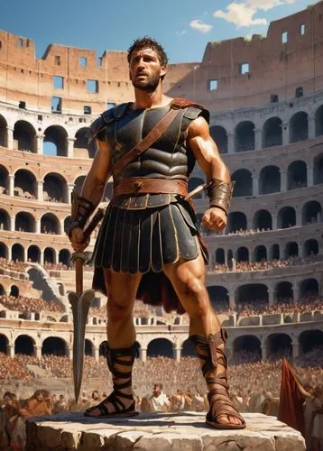 Ancient Roman gladiator, muscular man, sweaty skin, intense gaze, short brown hair, stubble beard, torn leather armor, worn-out sandals, holding a trident, standing victorious in the Colosseum, stone 