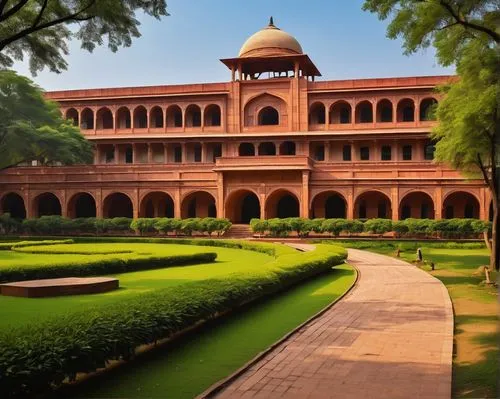 IIT campus, modern architecture, red-brick buildings, sprawling lawns, tall trees, walkways, stairs, lecture halls, libraries, hostels, administrative blocks, faculty buildings, auditoriums, amphithea