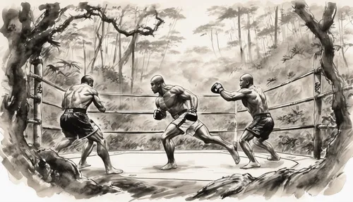 Describe a historic UFC championship fight in the rainforest.,lethwei,striking combat sports,muay thai,combat sport,boxing ring,sparring,game illustration,kickboxer,ufc,folk wrestling,professional box