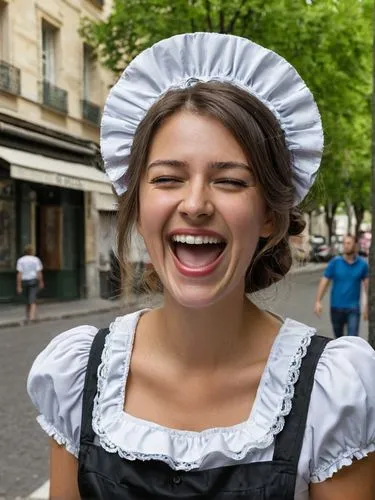 A 30-year-old French maid laughing her head off on the street.,a woman in white dress with big smile near a city street,francophile,dirndl,frenchwoman,parisienne,fraulein,frenchwomen,Photography,Docum