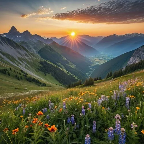 alpine meadow,alpine landscape,mountain sunrise,mountain meadow,alpine sunset,the valley of flowers,bernese alps,landscape mountains alps,high alps,alps,alpine flowers,the alps,meadow landscape,mountain flowers,southeast switzerland,mountain landscape,swiss alps,alpine meadows,beautiful landscape,alpine region,Photography,General,Realistic