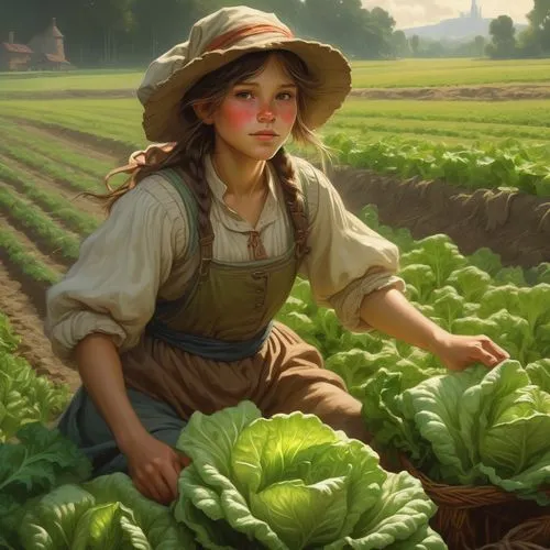 picking vegetables in early spring,gyo,farm girl,vegetable field,agricultural,agriculture,Conceptual Art,Fantasy,Fantasy 01