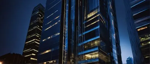 Modern adn architecture, futuristic skyscraper, sleek glass façade, silver steel beams, angular geometric shapes, neon lights embedded in walls, towering high-rise building, urban cityscape, nighttime