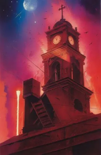 church painting,hildebrandt,clocktower,steeple,watchtower,belltower,bell tower,monetario,black church,aivazovsky,the black church,san pedro de acatama,conclave,san pedro de atacama,ermita,church tower,compline,sancta,clock tower,sennikov,Illustration,Paper based,Paper Based 12