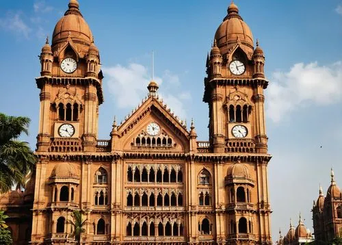 Victorian-era-inspired architecture, Mumbai cityscape, colonial-style buildings, intricate stone carvings, grand archways, ornate facades, vibrant blue skies, few puffy white clouds, warm golden sunli