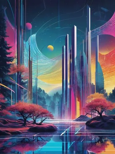 futuristic landscape,beautiful wallpaper,fantasy landscape,space art,alien world,synth,lagoon,virtual landscape,alien planet,futuristic,scifi,world digital painting,vast,rift,80's design,dreamscape,hd wallpaper,art background,polara,fantasy city,Art,Artistic Painting,Artistic Painting 43