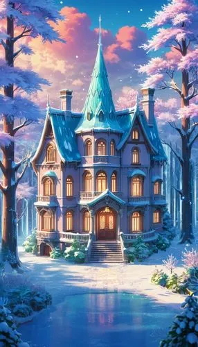 winter house,fairy tale castle,dreamhouse,witch's house,fairytale castle,snow house,christmas landscape,house in the forest,winter background,forest house,house silhouette,winterplace,christmas wallpaper,witch house,sylvania,christmas snowy background,house with lake,aurora village,lonely house,fantasy picture,Illustration,Japanese style,Japanese Style 03