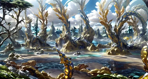 futuristic landscape,fantasy landscape,elven forest,underwater oasis,mushroom landscape,swampy landscape,underwater landscape,fairy forest,forest glade,tree grove,druid grove,fairy world,terraforming,alien world,cartoon video game background,an island far away landscape,karst landscape,floating islands,riparian forest,lagoon