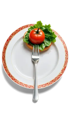 Flat design, menu icon, PNG transparent background, white plate, silver fork, red tomato, green lettuce, golden bun, delicious food, detailed texture, shallow depth of field, bright lighting, 3/4 comp