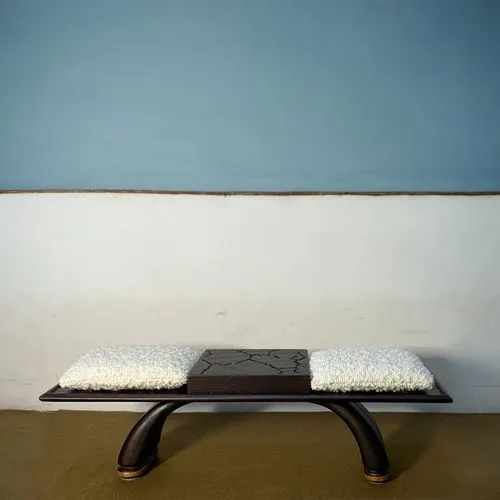 add depth put this bench in front of a wall with a wabi sabi kind of aesthetic and a pampass and earthen vases beside it,table and chair,conference table,sofa tables,antique table,conference room tabl