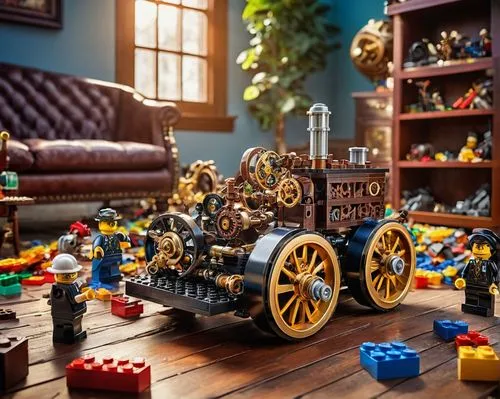 Colorful Lego bricks, scattered on floor, kid's playroom, afternoon sunbeams, warm light, low-angle shot, focus on Lego figures, vibrant primary colors, tiny detailed textures, miniature furniture, bu