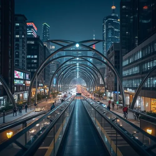 Modern cityscape, pedestrian bridge, steel arches, glass floor, sleek handrails, urban connectivity, vibrant nighttime lights, bustling streets, skyscrapers, commercial buildings, busy intersections, 