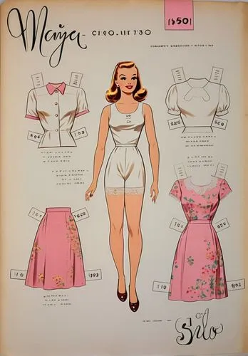 Vintage Paper dolls 1950s women in white shirt,  lace pink french knickers with brown shoe standing with a set of elegant 1950s dress full color colorful 1950s fashion 1950s clothing,vintage paper dol