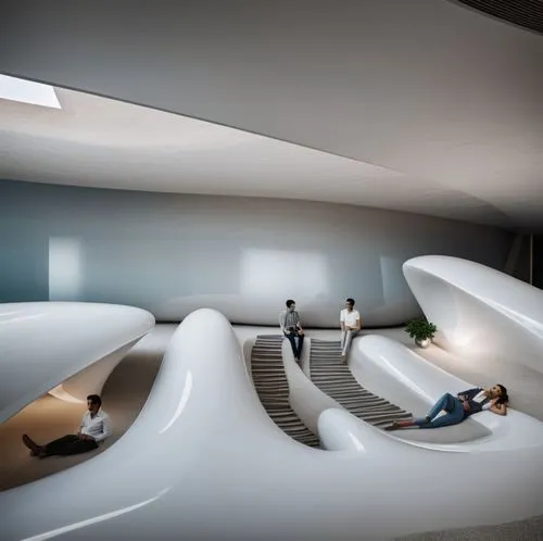 The concept of the lounge area in the image is designed to create a distortion of the user experience. The unusual, wave-like shapes of the seating areas create a surreal, almost dreamlike environment