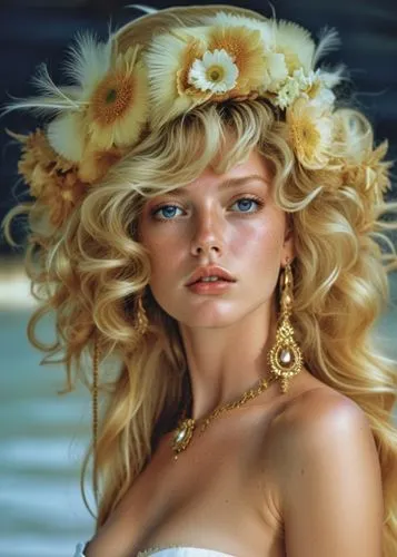 a young blond woman with long hair and a big flower crown on her head,connie stevens - female,bardot,brigitte bardot,eleniak,lepontine,vintage angel,Photography,General,Realistic