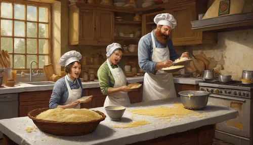 grant wood,girl in the kitchen,chefs,bakery,cookery,cooks,arrowroot family,victorian kitchen,cooking book cover,southern cooking,kitchen work,baking bread,making food,stravecchio-parmesan,domestic life,graham flour,cheesemaking,food and cooking,domestic,baking,Illustration,Realistic Fantasy,Realistic Fantasy 44