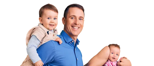 Happy 1st Father's Day, smiling father, holding baby, blue shirt, beige pants, brown hair, gentle facial expression, soft eyes, tender skin tone, natural lighting, shallow depth of field, warm color t