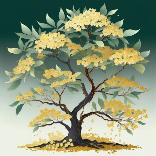 tabebuia chrysantha,osmanthus,flourishing tree,tabebuia,linden blossom,yellow tabebuia,Illustration,Japanese style,Japanese Style 16