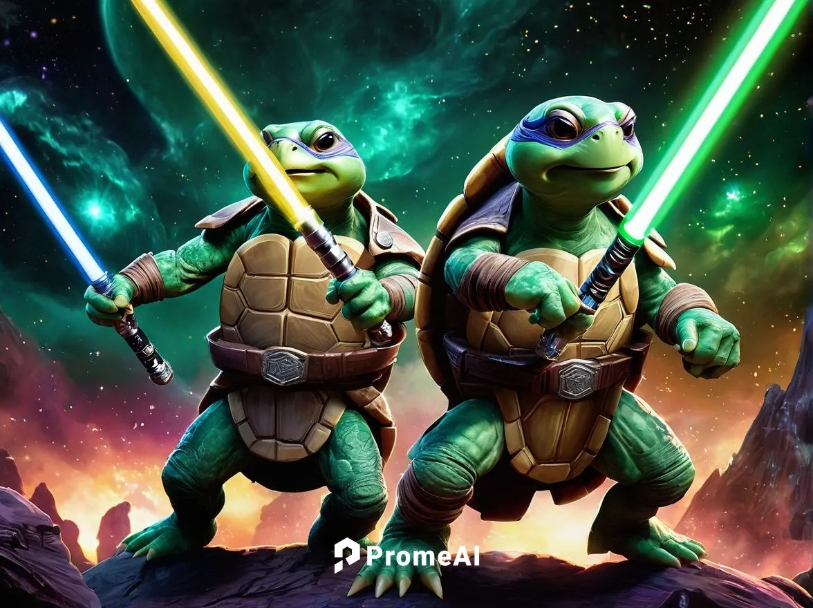 Jedi turtles, wise old eyes, green skin, shell armor, lightsaber staff, standing on hind legs, heroic pose, galaxy background, nebula clouds, stars twinkling, space rocks, misty atmosphere, 3/4 compos