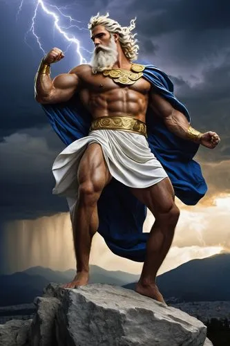 Zeus, Greek god, powerful muscular build, short white beard, piercing blue eyes, golden laurel wreath, flowing white toga, bare chest, mighty legs, standing on Mount Olympus, cloudy sky, dramatic ligh