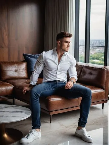 muscular man, 25yo, strong jawline, short brown hair, minimal facial hair, casual wear, white shirt, dark blue jeans, sneakers, leaning against, modern interior, luxurious living room, marble floor, w