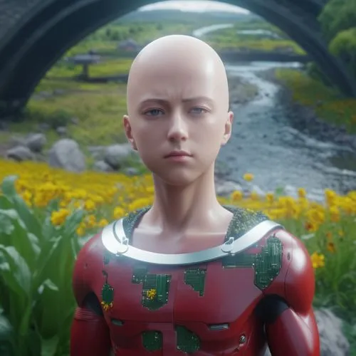 one punch man heaving lunch next to a river whith many flowers,alita,saitek,saitov,kryten,cgi,saitoh,terrigen,vados,mesmero,valerian,blomkamp,wachowskis,nanites,fembot,positronium,lifeforms,autons,aut