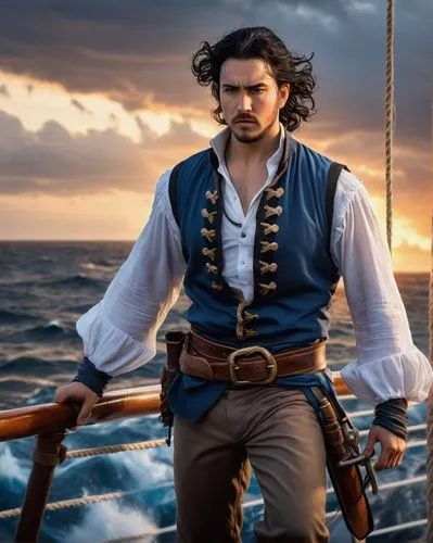 Male, pirate, muscular, rugged, spiky black hair, sharp eyes, scar above left eyebrow, bandana, white shirt, blue vest, brown pants, boots, belt with silver buckle, holding a sword, standing on the de