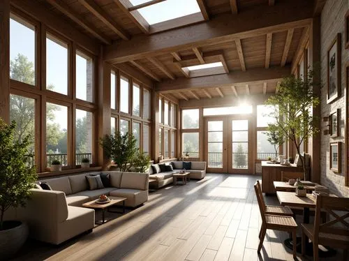 sunroom,3d rendering,wooden beams,daylighting,living room,loft,livingroom,luxury home interior,wooden windows,conservatory,modern living room,interior modern design,home interior,render,revit,conservatories,breakfast room,veranda,modern room,verandah