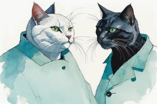 two cats,vintage cats,felines,cats,cat doodles,chartreux,cat drawings,watercolor cat,stray cats,two face,gray cat,cat lovers,rain cats and dogs,mobster couple,the cat and the,suits,businessmen,strays,cat's eyes,capricorn kitz,Illustration,Paper based,Paper Based 05