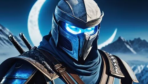 Scorpion Sub-Zero, blue-white ice ninja costume, frozen misty background, icy mountain peak, full moon, crescent moon shape scar on cheek, sharp jawline, menacing gaze, frosty eyes, white hair, samura